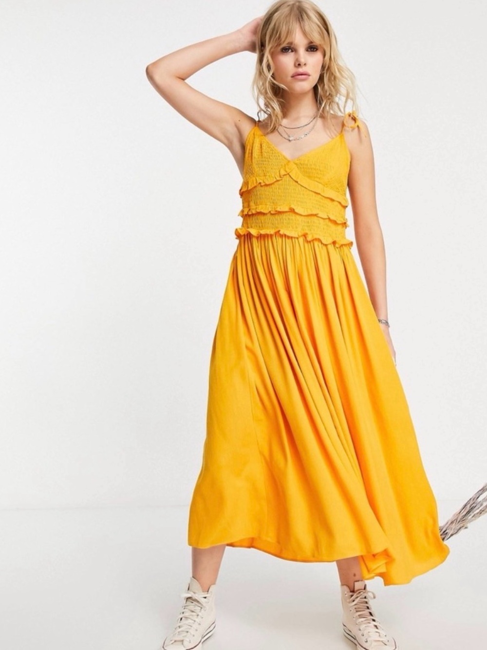 Top Shop Yellow Ruffled Smocked Maxi Dress